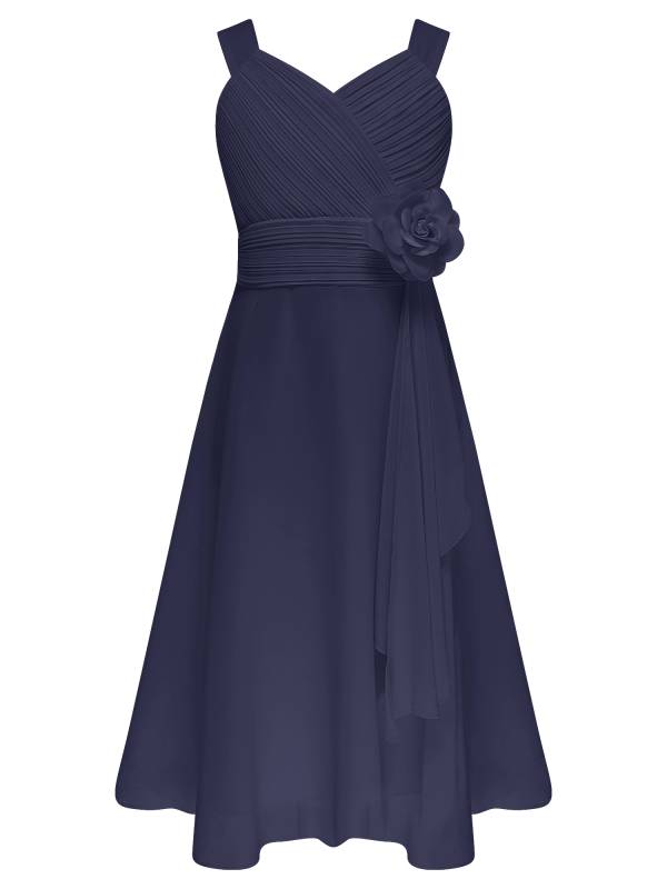 Kids Girls V Neck Sleeveless Ruched Bodice Chiffon Junior Bridesmaid Dress thumb