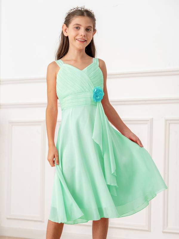 Kids Girls V Neck Sleeveless Ruched Bodice Chiffon Junior Bridesmaid Dress thumb