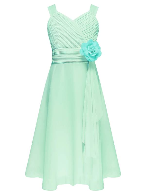 Kids Girls V Neck Sleeveless Ruched Bodice Chiffon Junior Bridesmaid Dress thumb