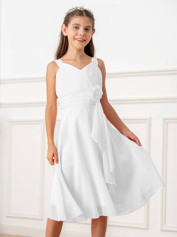 Kids Girls V Neck Sleeveless Ruched Bodice Chiffon Junior Bridesmaid Dress thumb