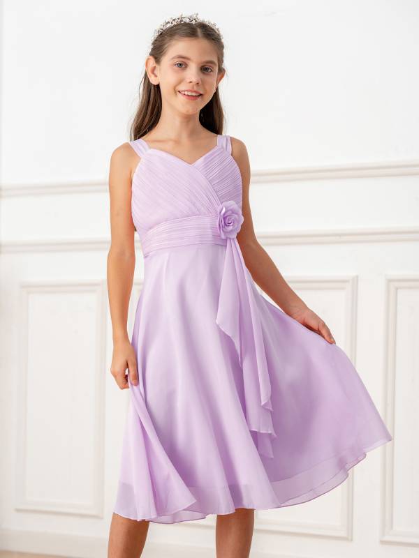 Kids Girls V Neck Sleeveless Ruched Bodice Chiffon Junior Bridesmaid Dress thumb