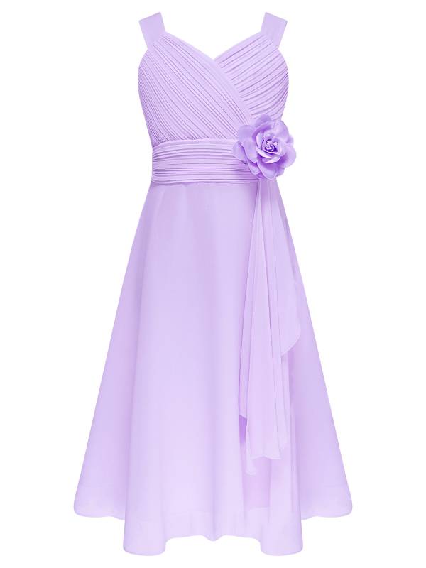 Kids Girls V Neck Sleeveless Ruched Bodice Chiffon Junior Bridesmaid Dress thumb