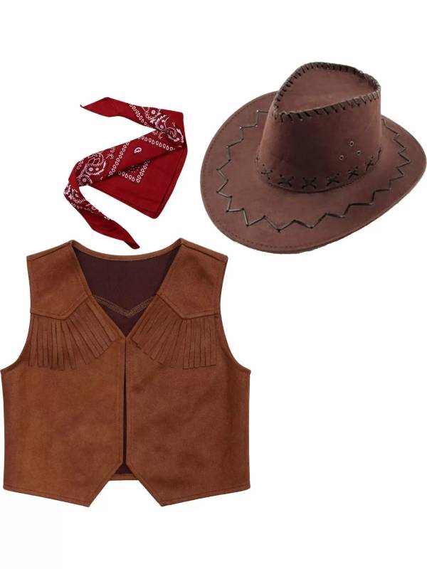 Kids Boys 3pcs Western Cowboy Vest with Bandanna and Hat Halloween Set thumb