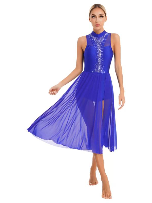 Women Sleeveless Sparkly Rhinestone Side Split Lyrical Dance Dresses thumb