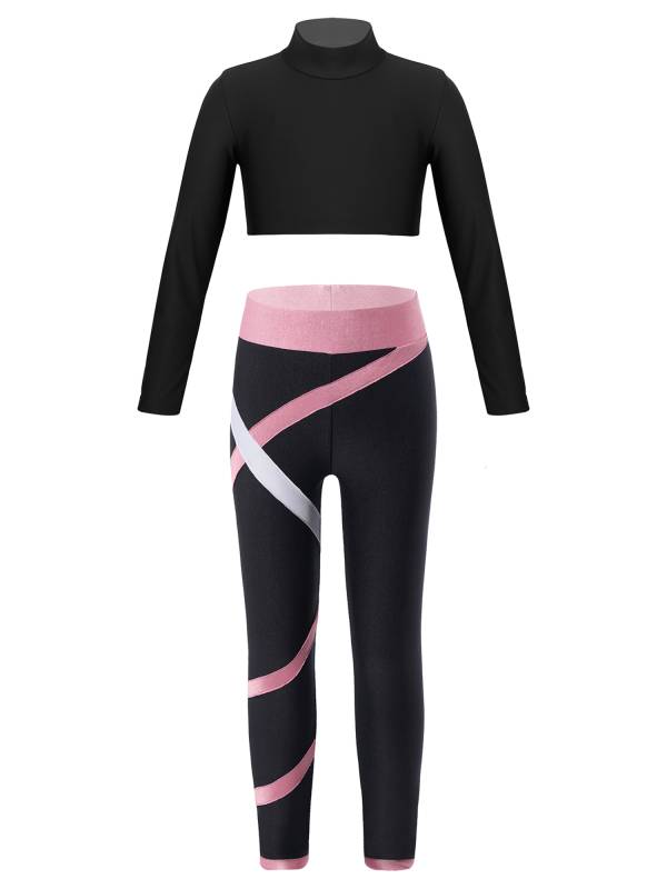 Kids Girls 2pcs Long Sleeves Crop Top and Colorblock Leggings Sports Set thumb