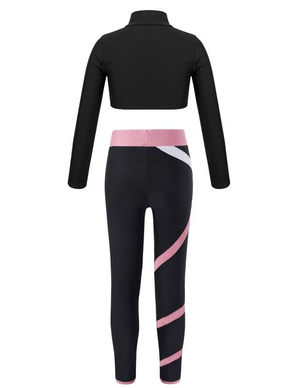 Kids Girls 2pcs Long Sleeves Crop Top and Colorblock Leggings Sports Set thumb