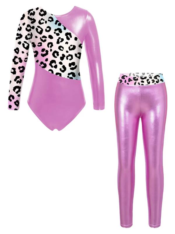 Kids Girls 2pcs Long Sleeve Leotard with Metallic Shiny Leggings Sets thumb