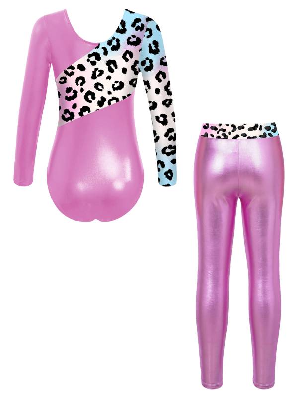 Kids Girls 2pcs Long Sleeve Leotard with Metallic Shiny Leggings Sets thumb