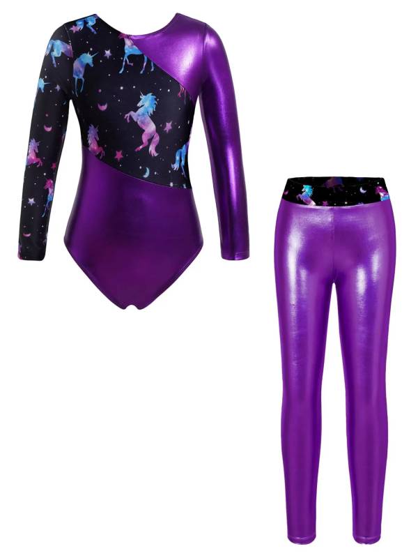 Kids Girls 2pcs Long Sleeve Leotard with Metallic Shiny Leggings Sets thumb