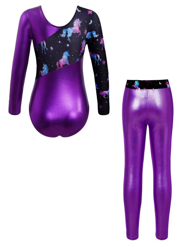 Kids Girls 2pcs Long Sleeve Leotard with Metallic Shiny Leggings Sets thumb