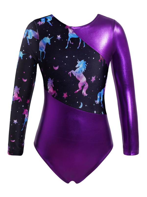 Kids Girls 2pcs Long Sleeve Leotard with Metallic Shiny Leggings Sets thumb