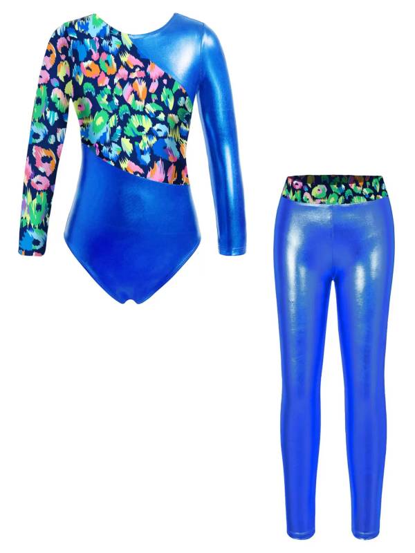 Kids Girls 2pcs Long Sleeve Leotard with Metallic Shiny Leggings Sets thumb