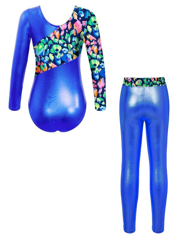 Kids Girls 2pcs Long Sleeve Leotard with Metallic Shiny Leggings Sets thumb