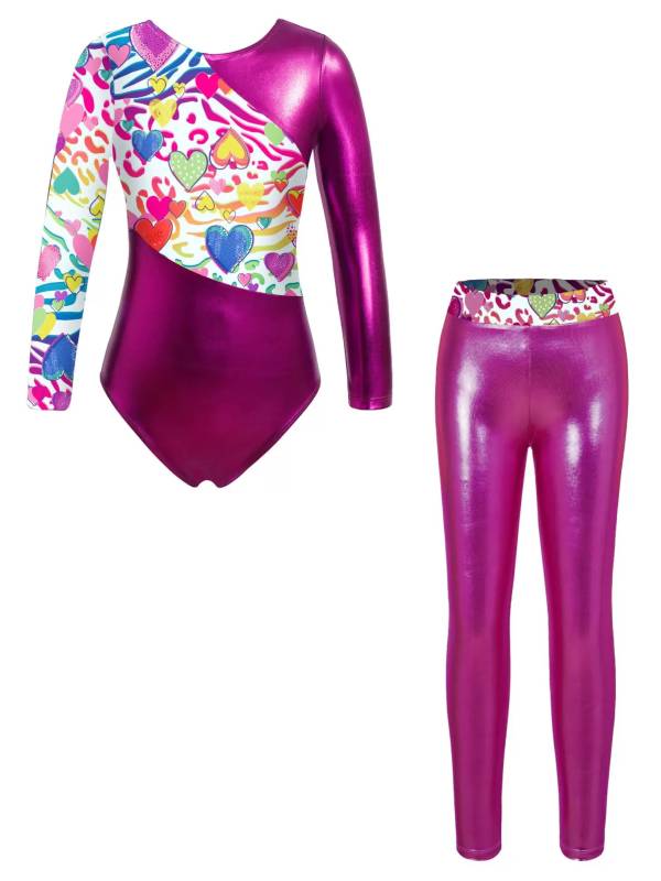 Kids Girls 2pcs Long Sleeve Leotard with Metallic Shiny Leggings Sets thumb