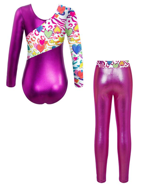 Kids Girls 2pcs Long Sleeve Leotard with Metallic Shiny Leggings Sets thumb