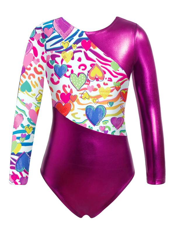 Kids Girls 2pcs Long Sleeve Leotard with Metallic Shiny Leggings Sets thumb