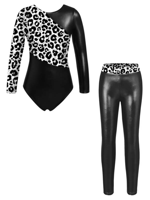 Kids Girls 2pcs Long Sleeve Leotard with Metallic Shiny Leggings Sets thumb