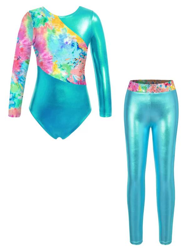 Kids Girls 2pcs Long Sleeve Leotard with Metallic Shiny Leggings Sets thumb