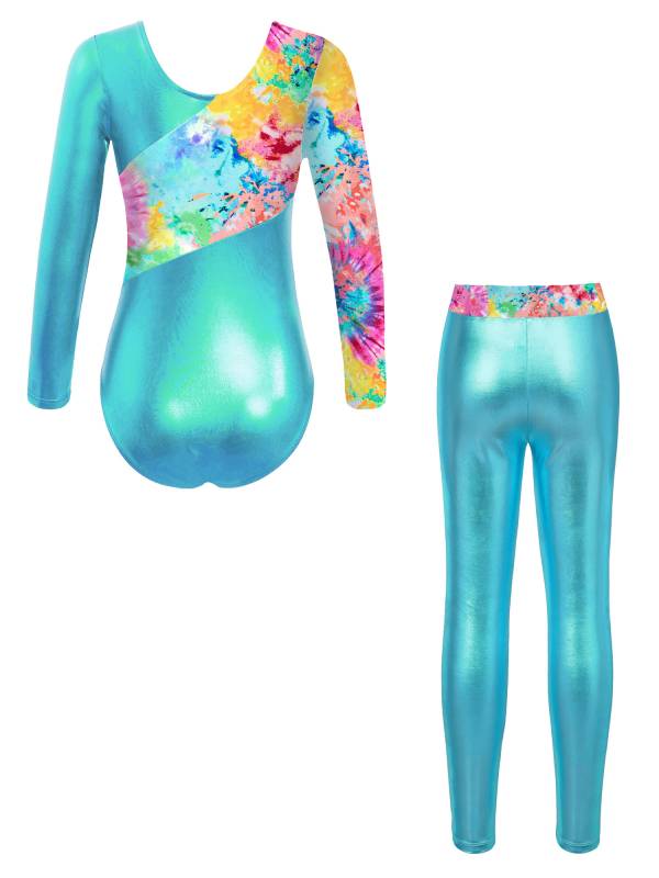 Kids Girls 2pcs Long Sleeve Leotard with Metallic Shiny Leggings Sets thumb