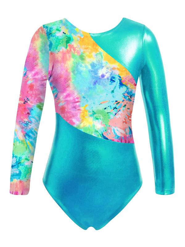 Kids Girls 2pcs Long Sleeve Leotard with Metallic Shiny Leggings Sets thumb