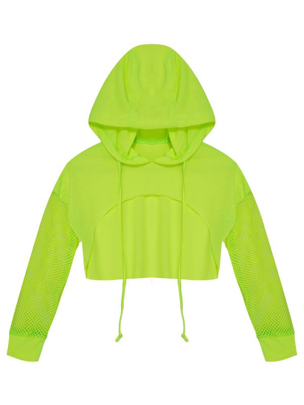 Kids Girls Drawstring Hooded Crop Top Mesh Sleeve Hoodie thumb