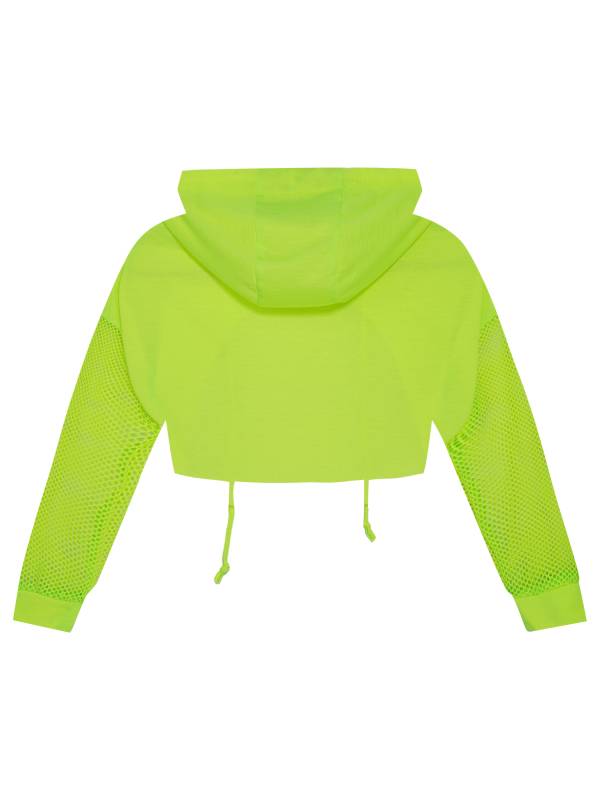 Kids Girls Drawstring Hooded Crop Top Mesh Sleeve Hoodie thumb