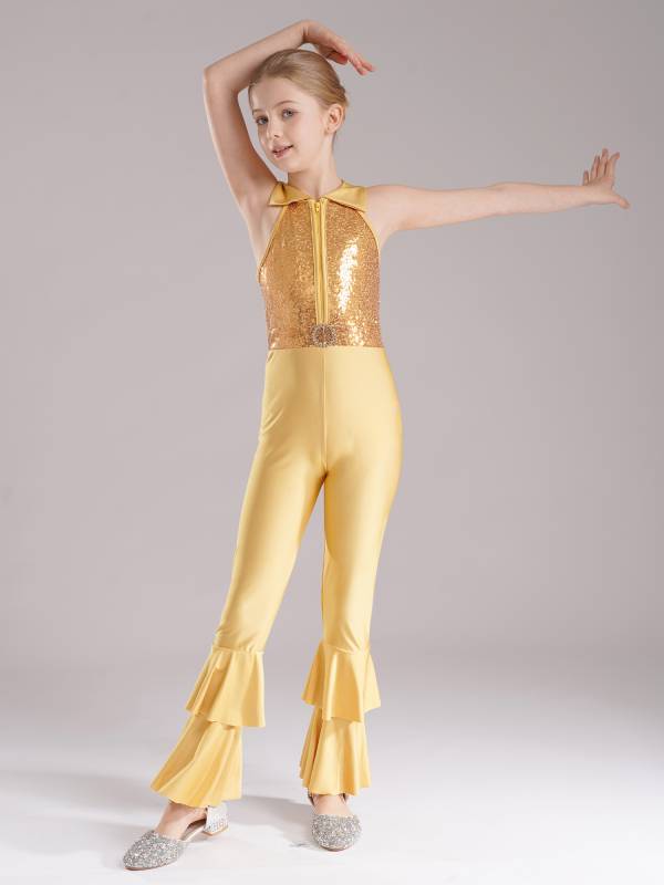 Kids Girls Sleeveless Sequins Tiered Bell-bottom Jazz Dance Unitards thumb