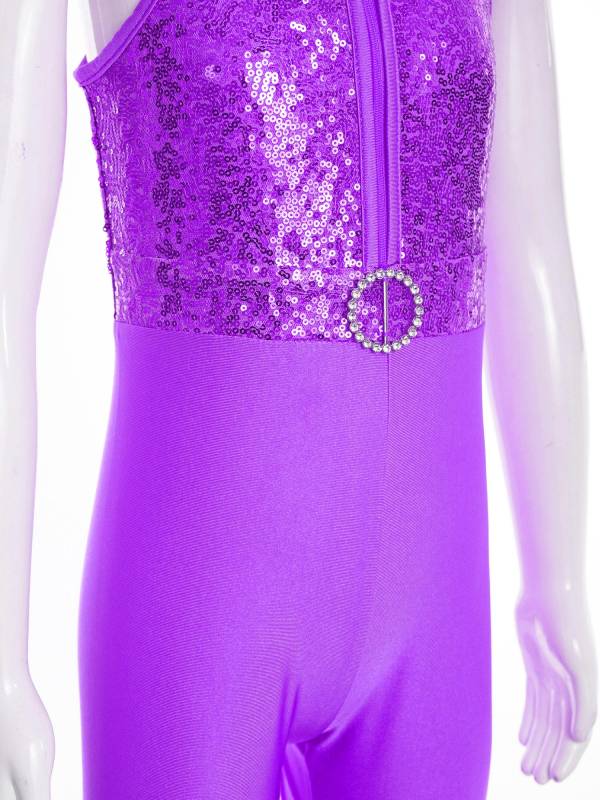 Kids Girls Sleeveless Sequins Tiered Bell-bottom Jazz Dance Unitards thumb