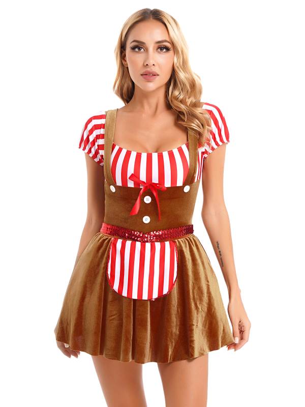 Women Short Sleeve Stripe Velvet Off the Shoulder Christmas Costume Dress thumb