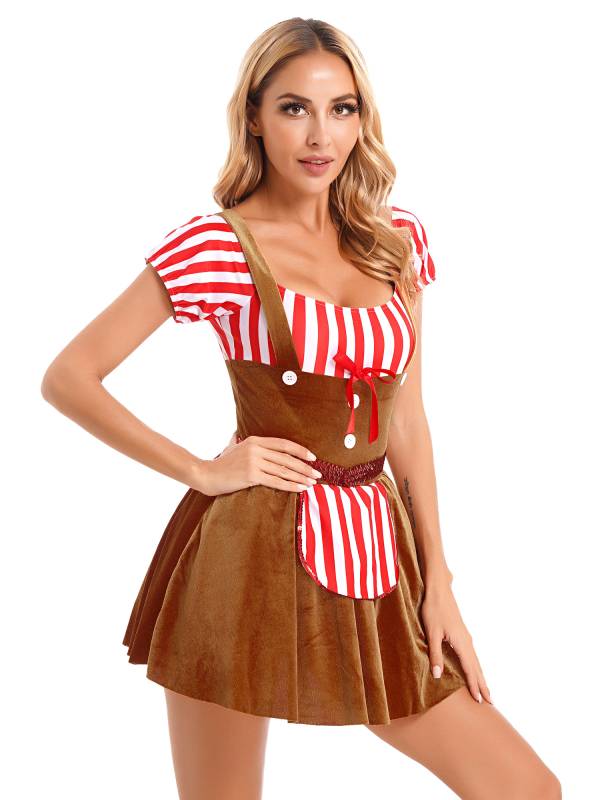 Women Short Sleeve Stripe Velvet Off the Shoulder Christmas Costume Dress thumb