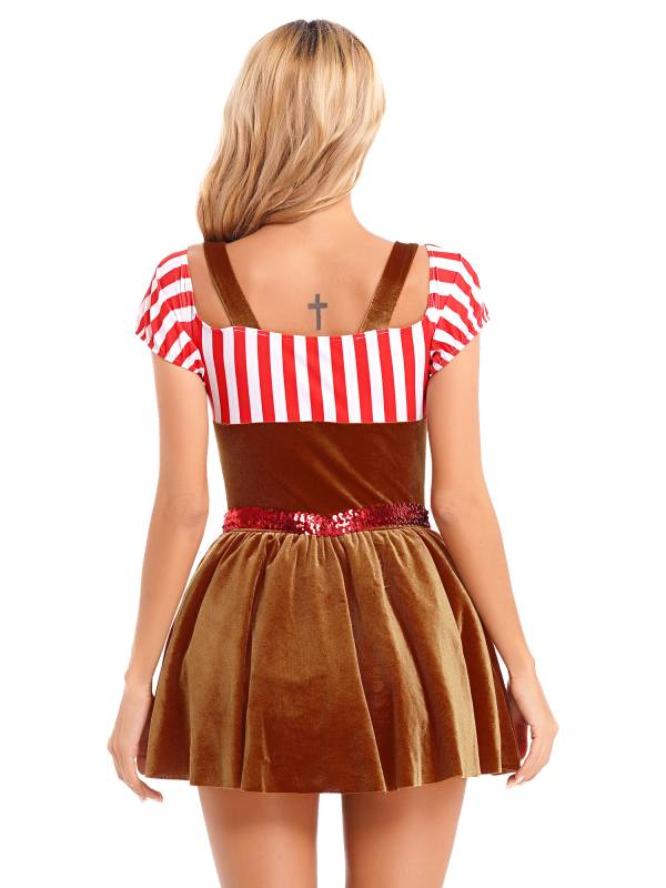 Women Short Sleeve Stripe Velvet Off the Shoulder Christmas Costume Dress thumb