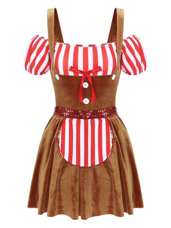 Women Short Sleeve Stripe Velvet Off the Shoulder Christmas Costume Dress thumb