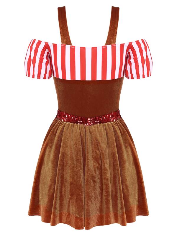 Women Short Sleeve Stripe Velvet Off the Shoulder Christmas Costume Dress thumb