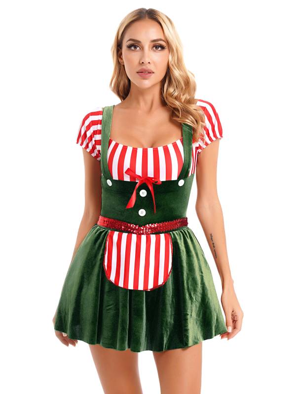 Women Short Sleeve Stripe Velvet Off the Shoulder Christmas Costume Dress thumb