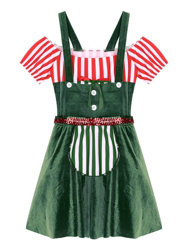 Women Short Sleeve Stripe Velvet Off the Shoulder Christmas Costume Dress thumb