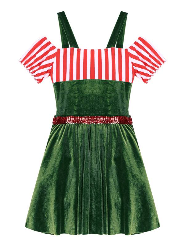 Women Short Sleeve Stripe Velvet Off the Shoulder Christmas Costume Dress thumb