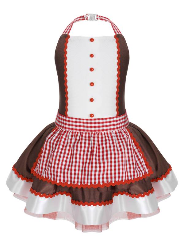 Kids Girls Halter Neck Christmas Gingerbread Dress with Removable Apron thumb