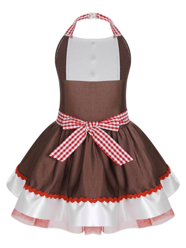 Kids Girls Halter Neck Christmas Gingerbread Dress with Removable Apron thumb