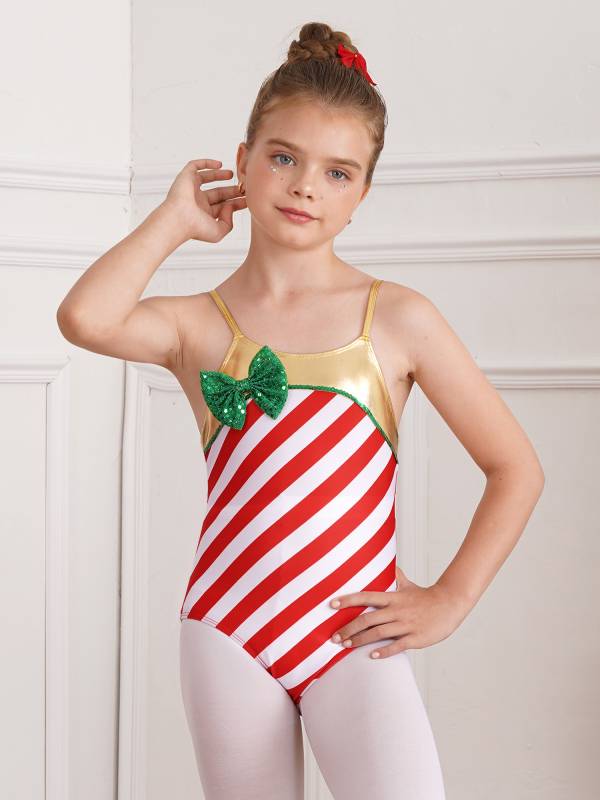 Kids Girls Christmas Straps Stripes Sequins Bowknot Bodysuit thumb