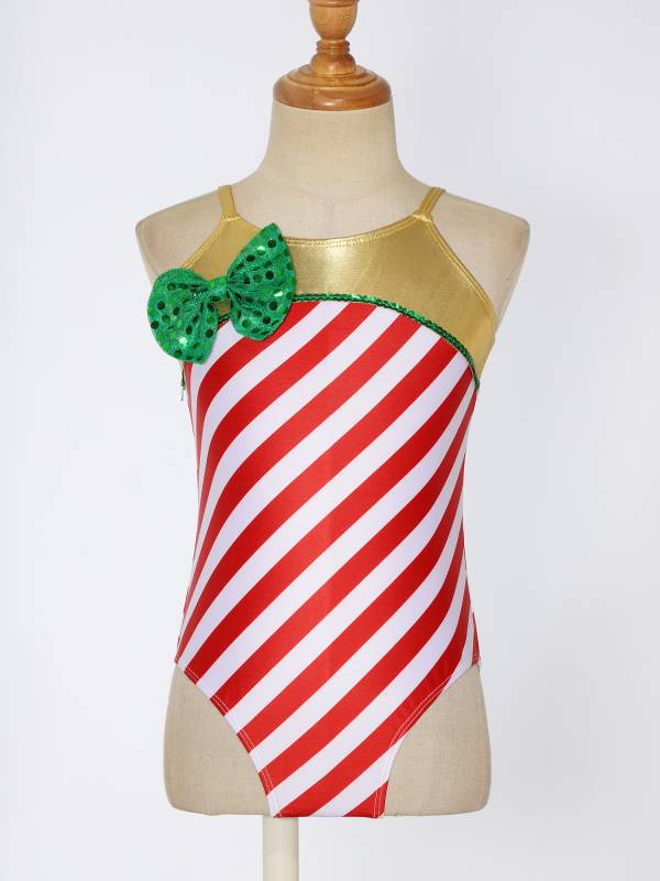 Kids Girls Christmas Straps Stripes Sequins Bowknot Bodysuit thumb