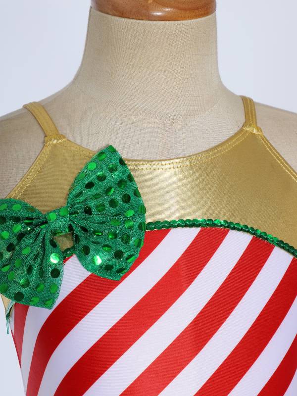 Kids Girls Christmas Straps Stripes Sequins Bowknot Bodysuit thumb