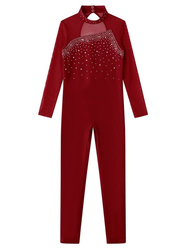 Kids Girls Rhinestone Long Sleeve Jumpsuit Hollow Back Skating Unitard thumb