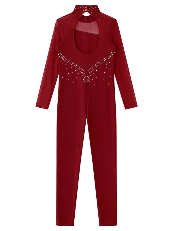 Kids Girls Rhinestone Long Sleeve Jumpsuit Hollow Back Skating Unitard thumb