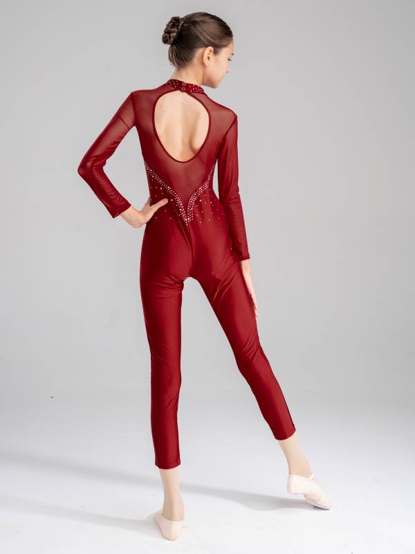 Kids Girls Rhinestone Long Sleeve Jumpsuit Hollow Back Skating Unitard thumb