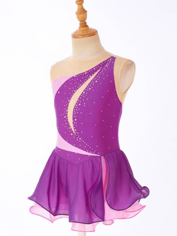 Kids Girls Sleeveless Shiny Rhinestone Ruffle Skating Dance Dress thumb