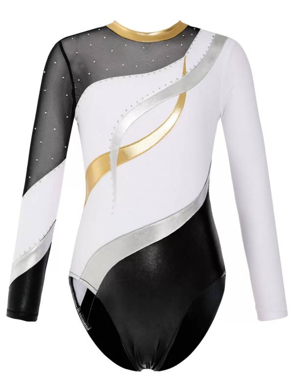 Kids Girls Long Sleeve Hollow Back Shiny Rhinestone Dance Leotard thumb