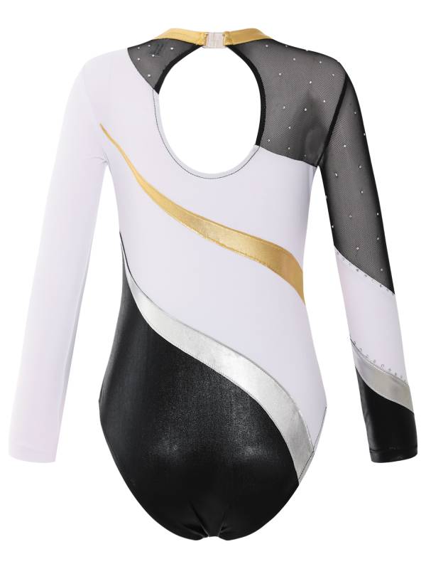 Kids Girls Long Sleeve Hollow Back Shiny Rhinestone Dance Leotard thumb