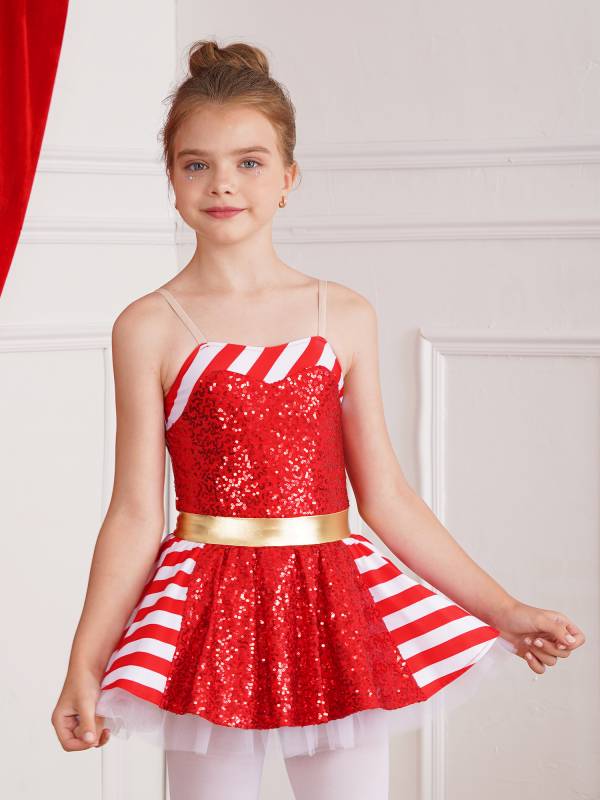 Kids Girls Christmas Striped Sequin Straps Tutu Dress thumb