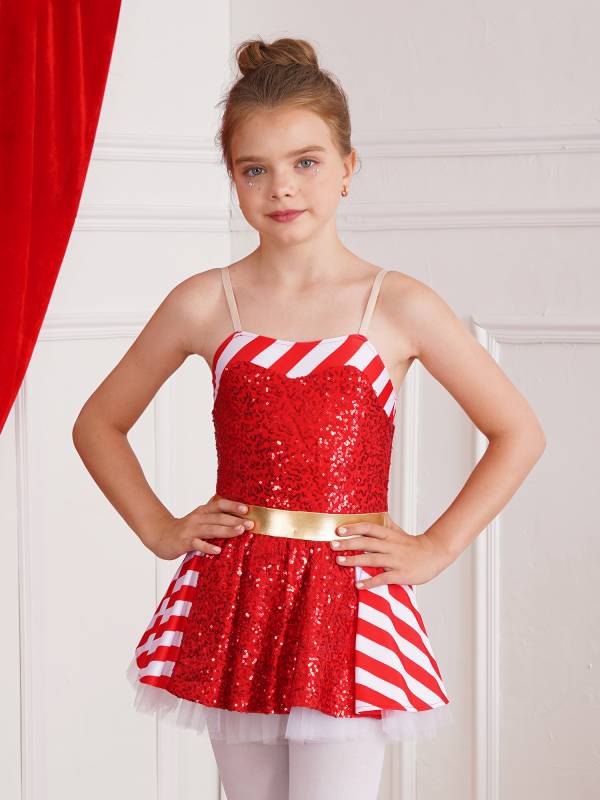 Kids Girls Christmas Striped Sequin Straps Tutu Dress thumb