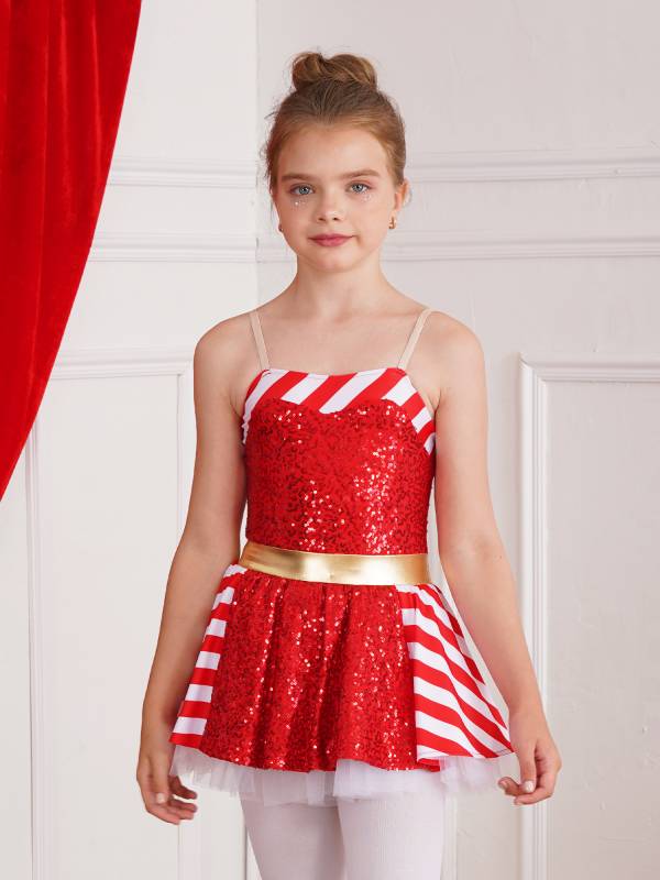 Kids Girls Christmas Striped Sequin Straps Tutu Dress thumb